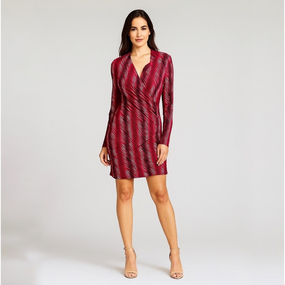 Revolve Norma Kamali Long Sleeve Faux Wrap Red Printed Dress Size M Stretch